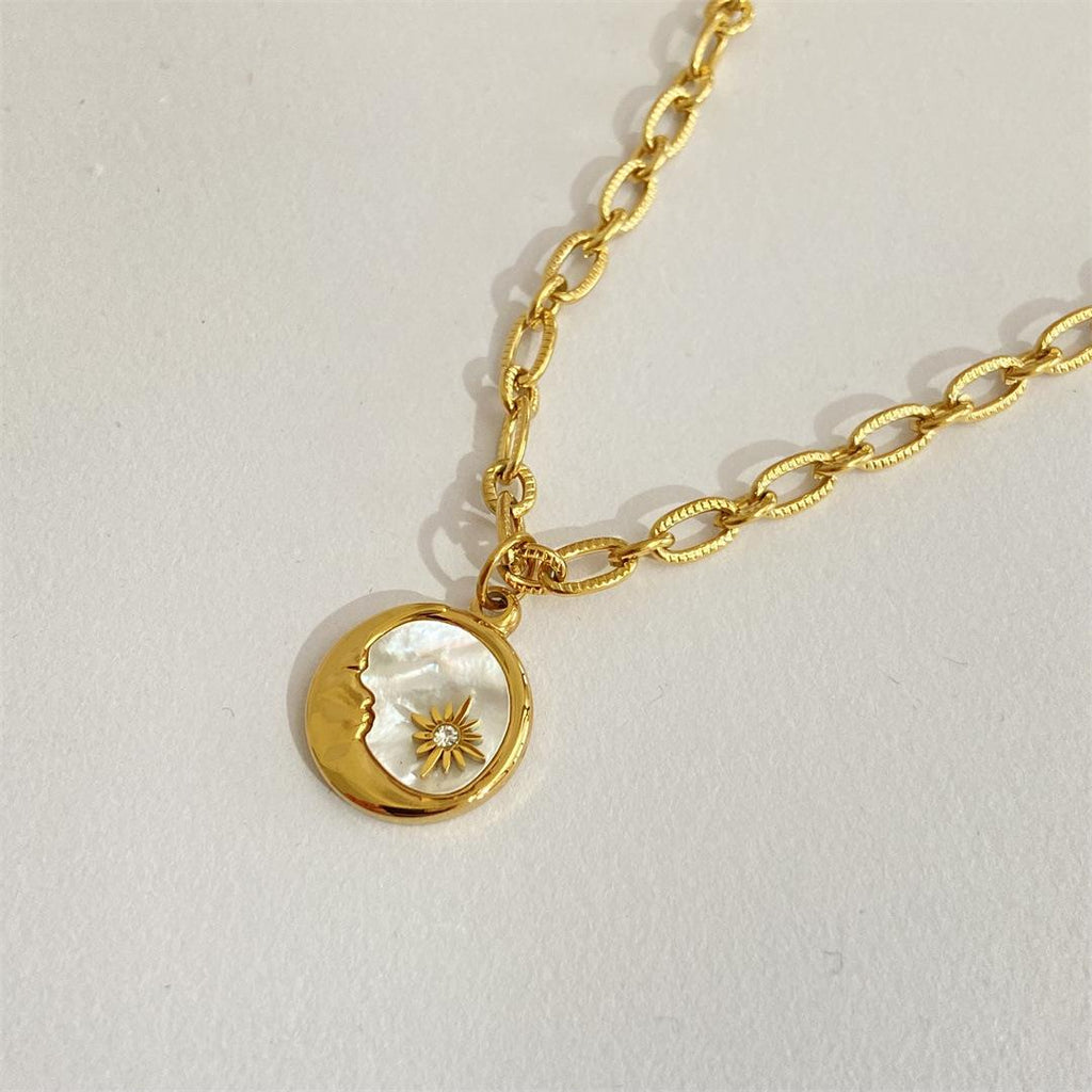 18K Gold Stainless Steel Sun Moon Necklace Mother of Pearl Coin Pendant Necklace European and American Cross-Border Jewelry