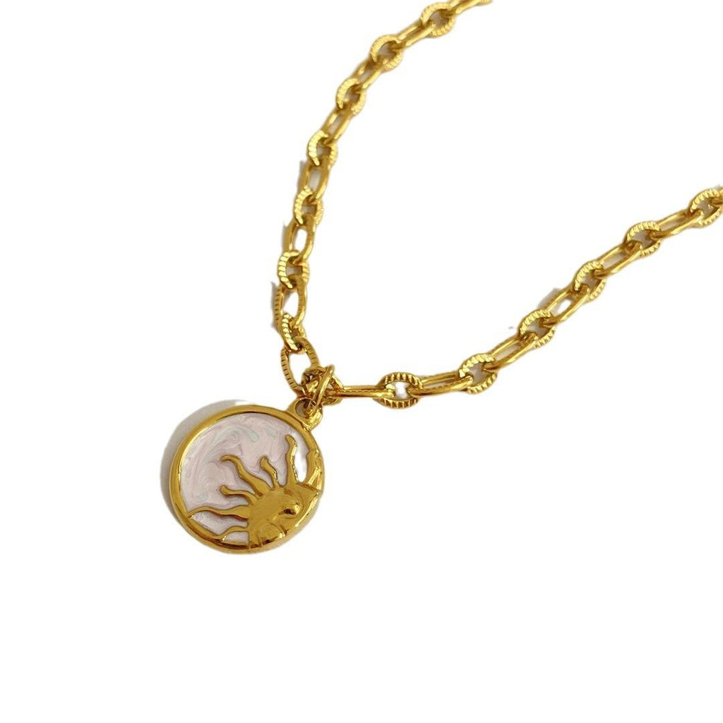 18K Gold Stainless Steel Sun Moon Necklace Mother of Pearl Coin Pendant Necklace European and American Cross-Border Jewelry
