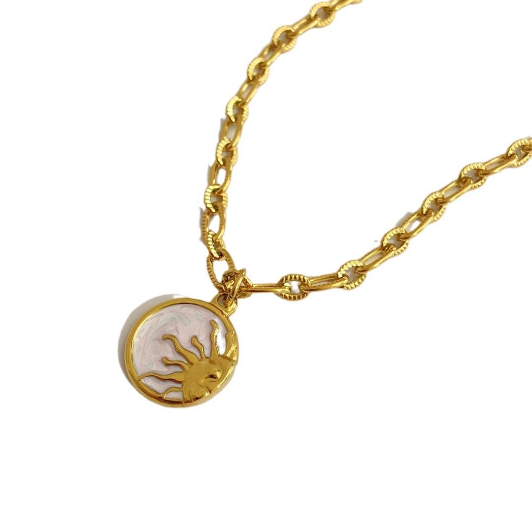 18K Gold Stainless Steel Sun Moon Necklace Mother of Pearl Coin Pendant Necklace European and American Cross-Border Jewelry