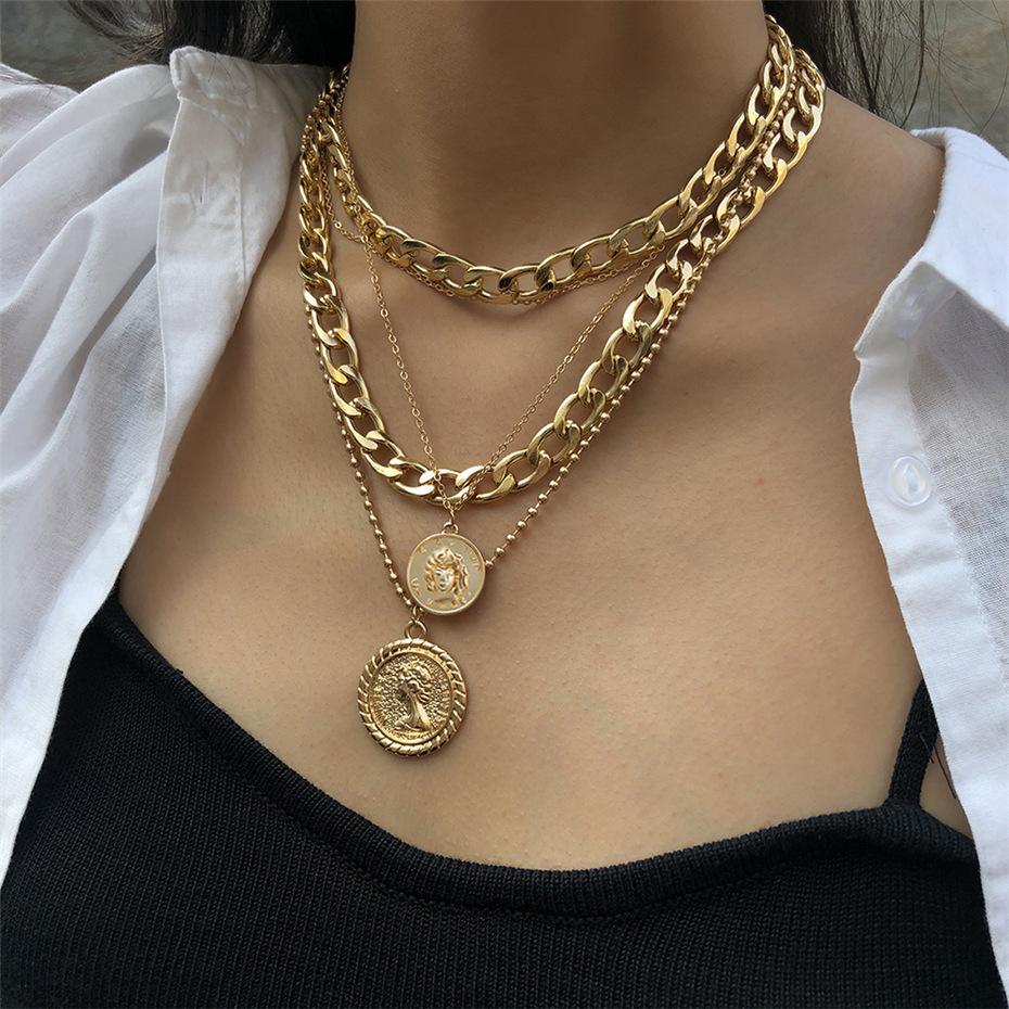 Amazon European and American Metal Style Coin Portrait Multi-Layer Stacked Necklace Personality Exaggerated Clavicle Chain High-Grade Necklace
