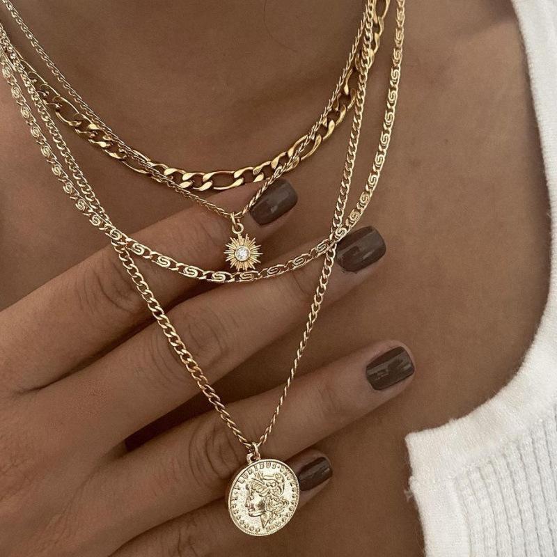 Amazon European and American Metal Style Coin Portrait Multi-Layer Stacked Necklace Personality Exaggerated Clavicle Chain High-Grade Necklace