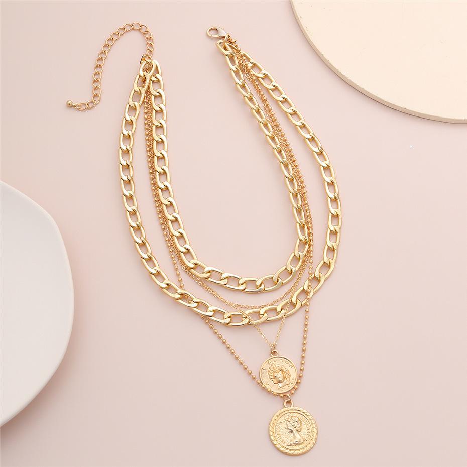 Amazon European and American Metal Style Coin Portrait Multi-Layer Stacked Necklace Personality Exaggerated Clavicle Chain High-Grade Necklace