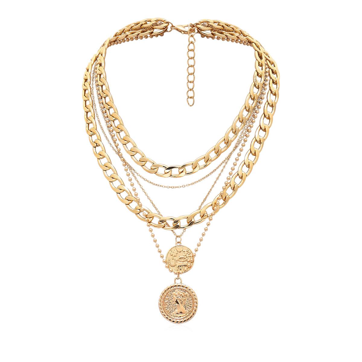 Amazon European and American Metal Style Coin Portrait Multi-Layer Stacked Necklace Personality Exaggerated Clavicle Chain High-Grade Necklace