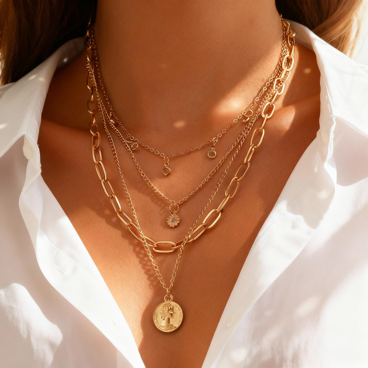 Cross-Border Metal Style Coin Portrait Multi-Layer Stacked Necklace Personality Exaggerated European and American Fashion High-Grade Necklace Wholesale