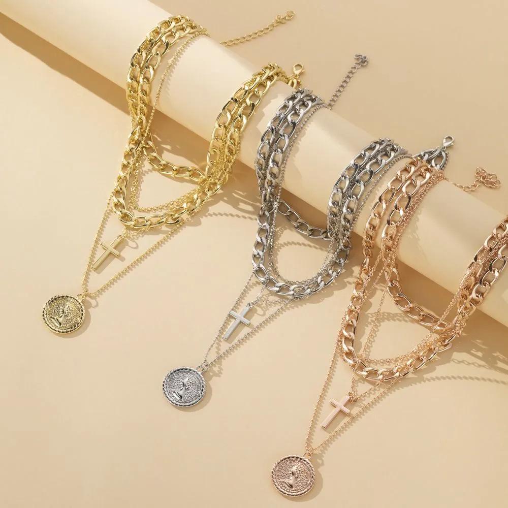 European and American Cross-Border Retro Multi-Layer Stacked Aluminum Chain Alloy Coin Cross Butterfly Pendant Women's Necklace
