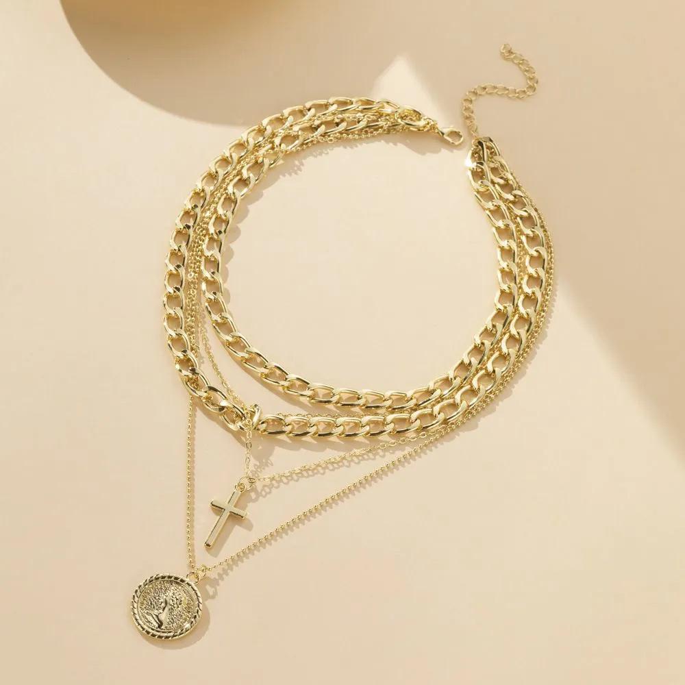 European and American Cross-Border Retro Multi-Layer Stacked Aluminum Chain Alloy Coin Cross Butterfly Pendant Women's Necklace