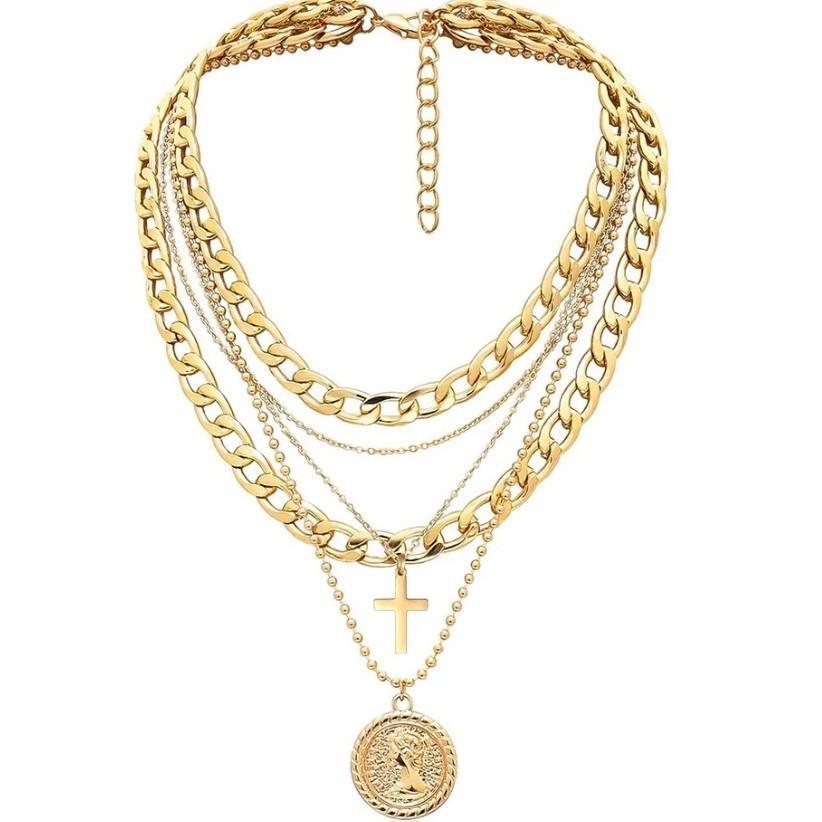 European and American Cross-Border Retro Multi-Layer Stacked Aluminum Chain Alloy Coin Cross Butterfly Pendant Women's Necklace