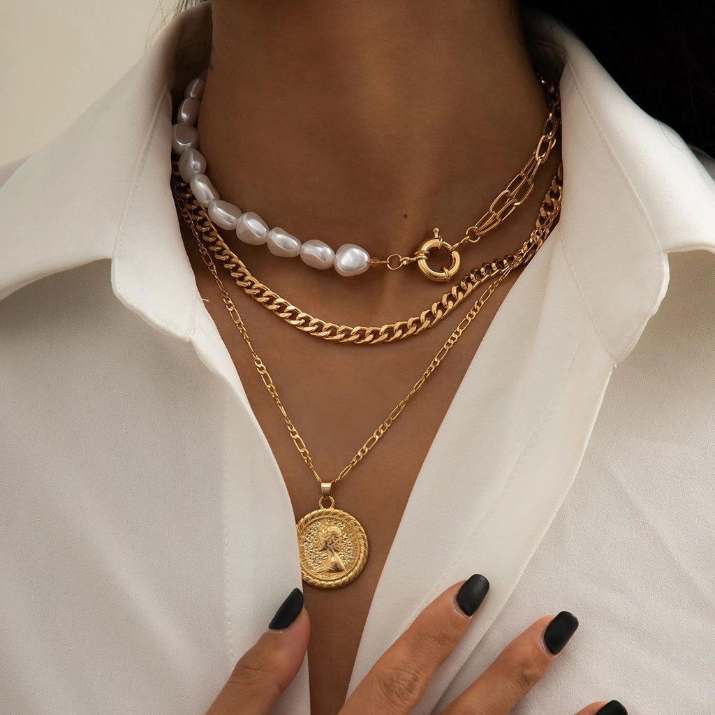 Cross-Border Retro Multi-Layer Stacked Pearl Necklace Female Beauty Head Coin European and American Niche Design Otbuckle Clavicle Chain