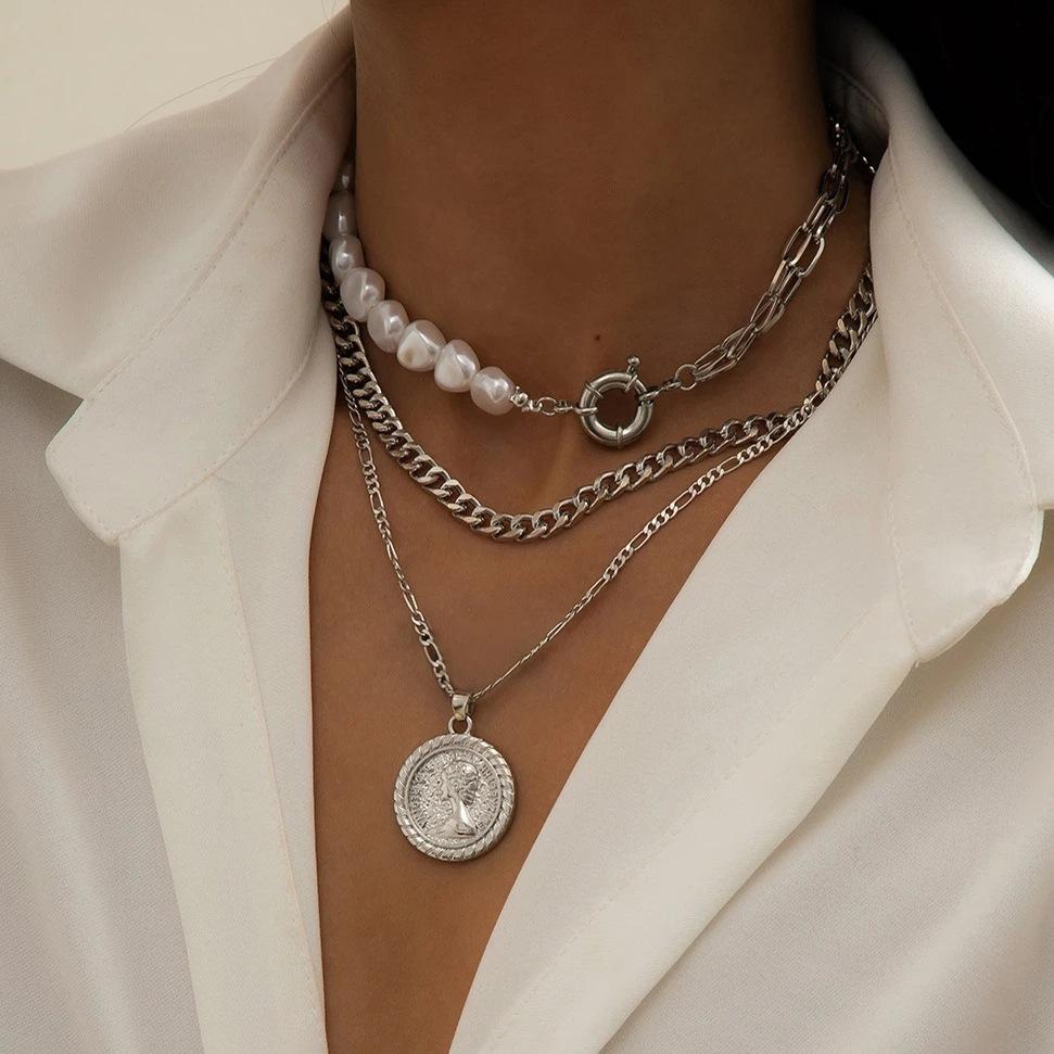 Cross-Border Retro Multi-Layer Stacked Pearl Necklace Female Beauty Head Coin European and American Niche Design Otbuckle Clavicle Chain