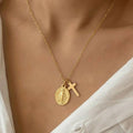 Stainless Steel Cross Mini Coin Necklace Vintage Gold Coin Pendant European and American Hipster Cold Style Ins Clavicle Chain