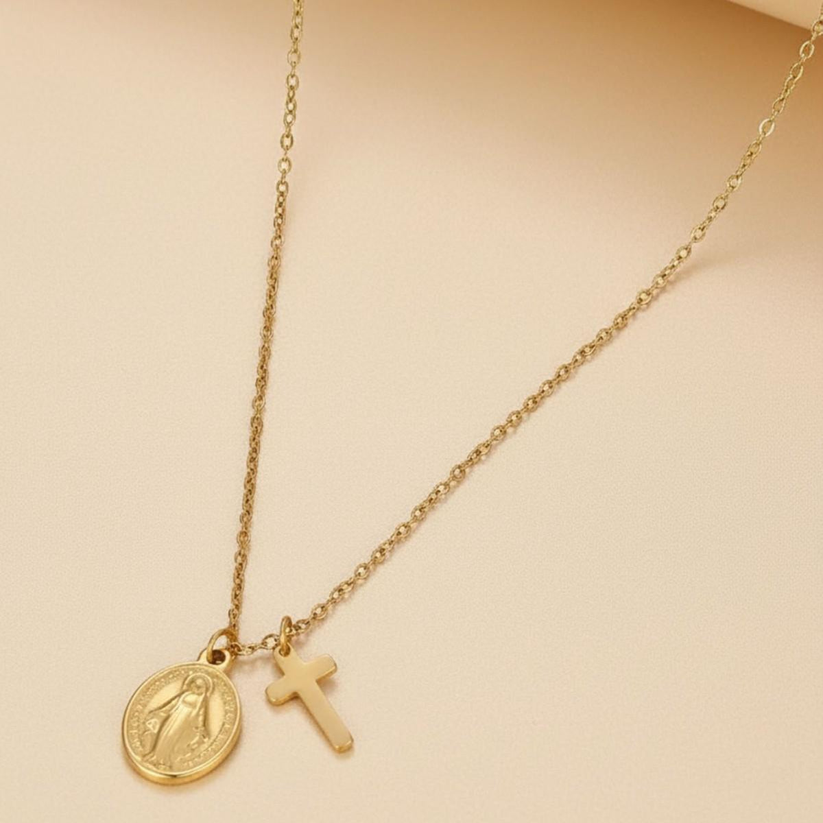 Stainless Steel Cross Mini Coin Necklace Vintage Gold Coin Pendant European and American Hipster Cold Style Ins Clavicle Chain