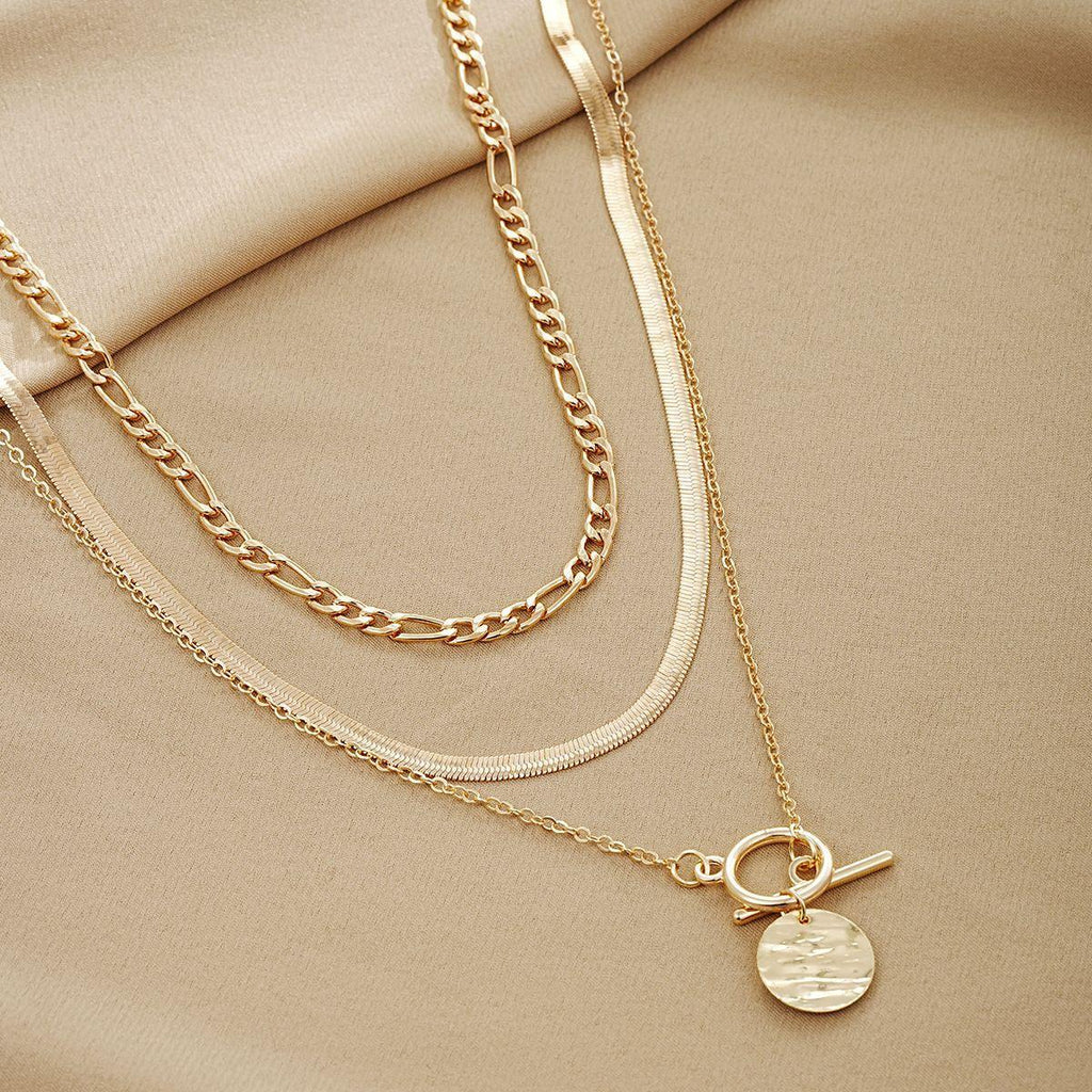 European and American Cross-Border New Jewelry Coin Snake Bone Chain Three-Layer Necklace Women's Retro Multi-Layer Coin Pendant Otbuckle Necklace
