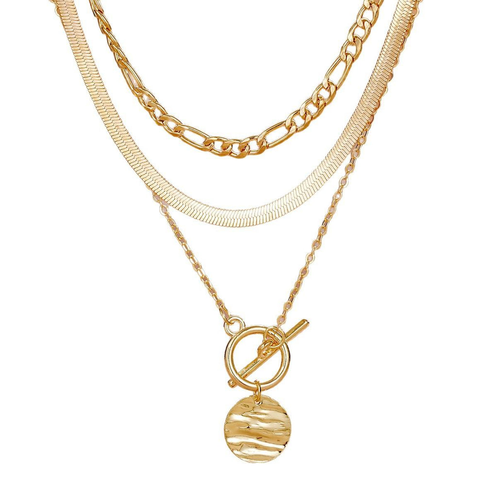 European and American Cross-Border New Jewelry Coin Snake Bone Chain Three-Layer Necklace Women's Retro Multi-Layer Coin Pendant Otbuckle Necklace