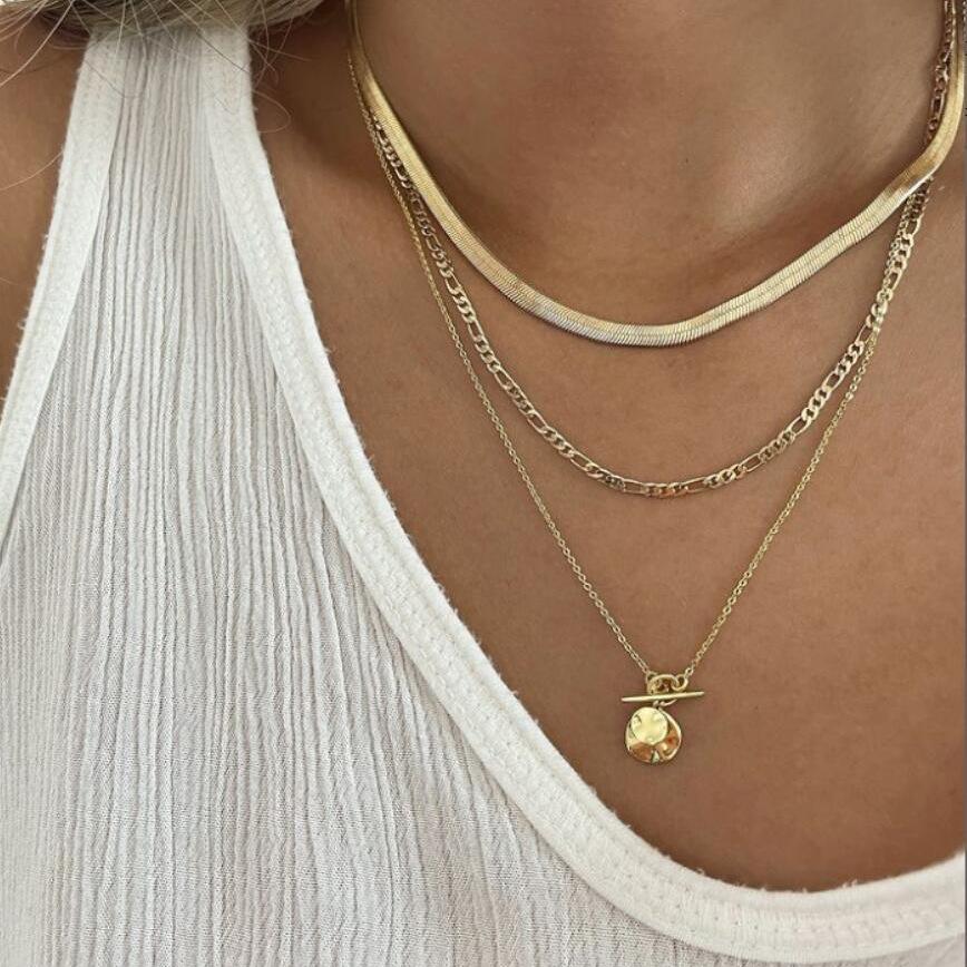 European and American Cross-Border Hot Selling Coin Snake Bone Chain Three-Layer Necklace Women's Retro Simple Coin Pendant Otbuckle Necklace