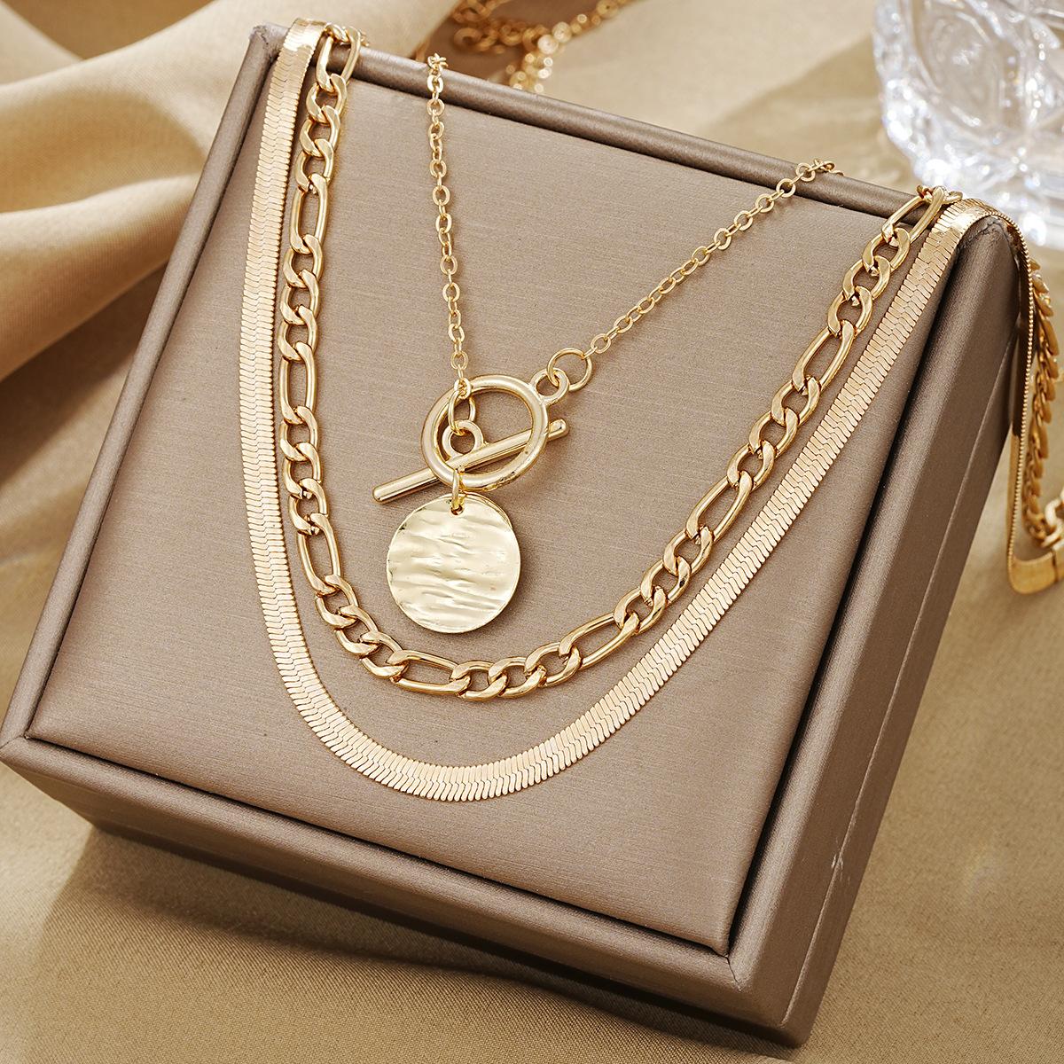 European and American Cross-Border Hot Selling Coin Snake Bone Chain Three-Layer Necklace Women's Retro Simple Coin Pendant Otbuckle Necklace