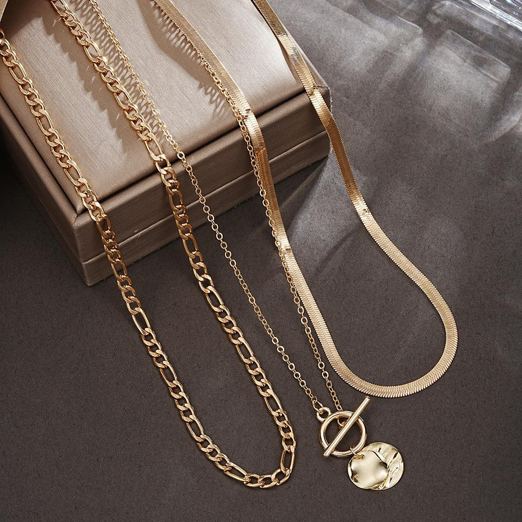 European and American Cross-Border Hot Selling Coin Snake Bone Chain Three-Layer Necklace Women's Retro Simple Coin Pendant Otbuckle Necklace
