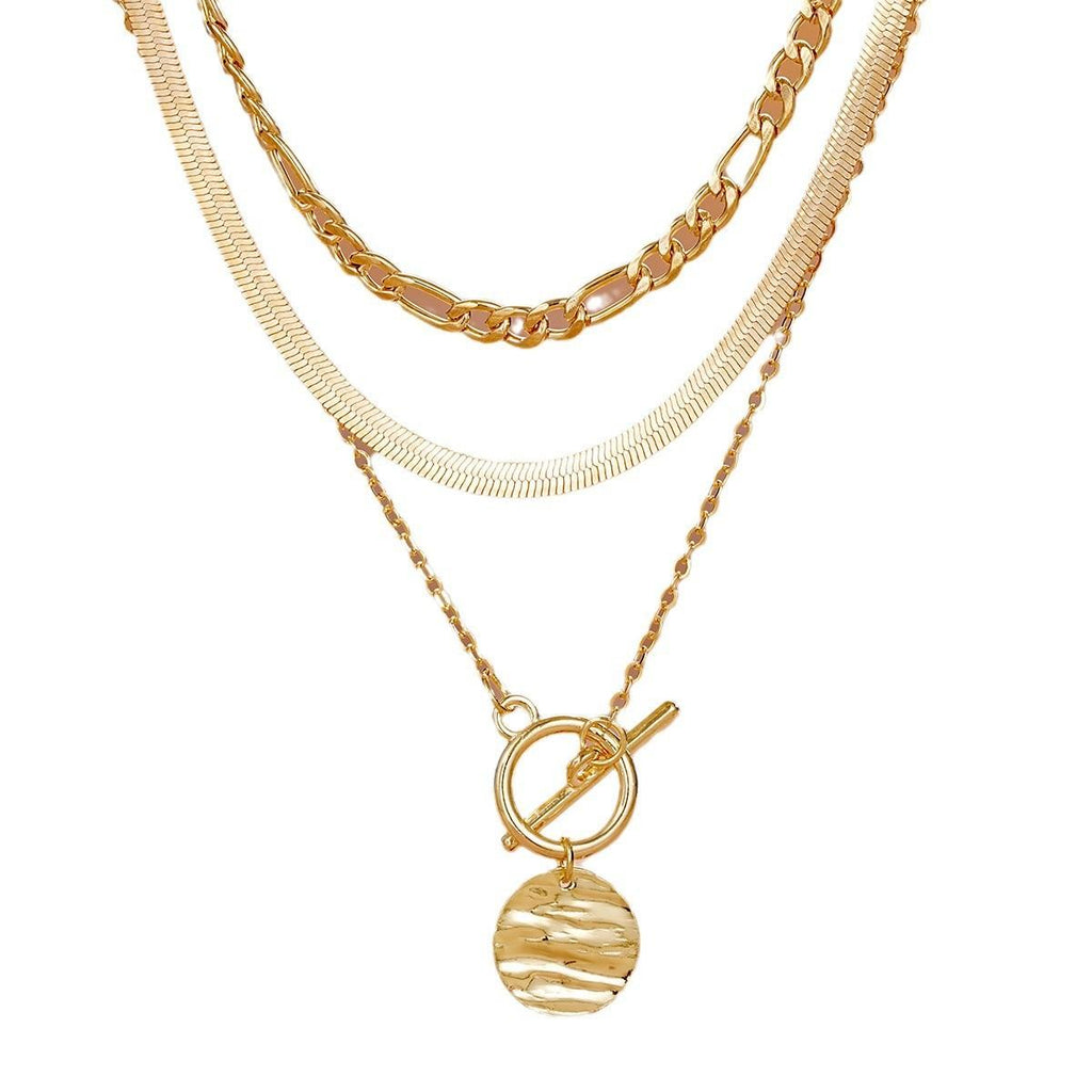 European and American Cross-Border Hot Selling Coin Snake Bone Chain Three-Layer Necklace Women's Retro Simple Coin Pendant Otbuckle Necklace