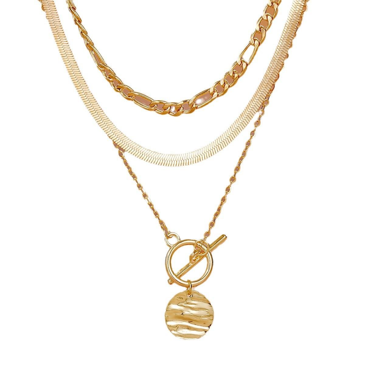 European and American Cross-Border Hot Selling Coin Snake Bone Chain Three-Layer Necklace Women's Retro Simple Coin Pendant Otbuckle Necklace