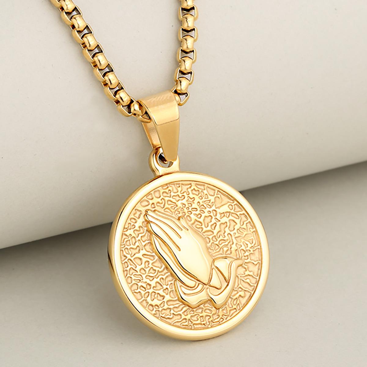 Cross-Border European and American Retro Fashion Prayer Hand Stainless Steel Gold round Coin Personality Exquisite Pendant