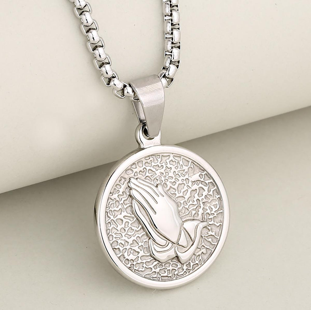 Cross-Border European and American Retro Fashion Prayer Hand Stainless Steel Gold round Coin Personality Exquisite Pendant