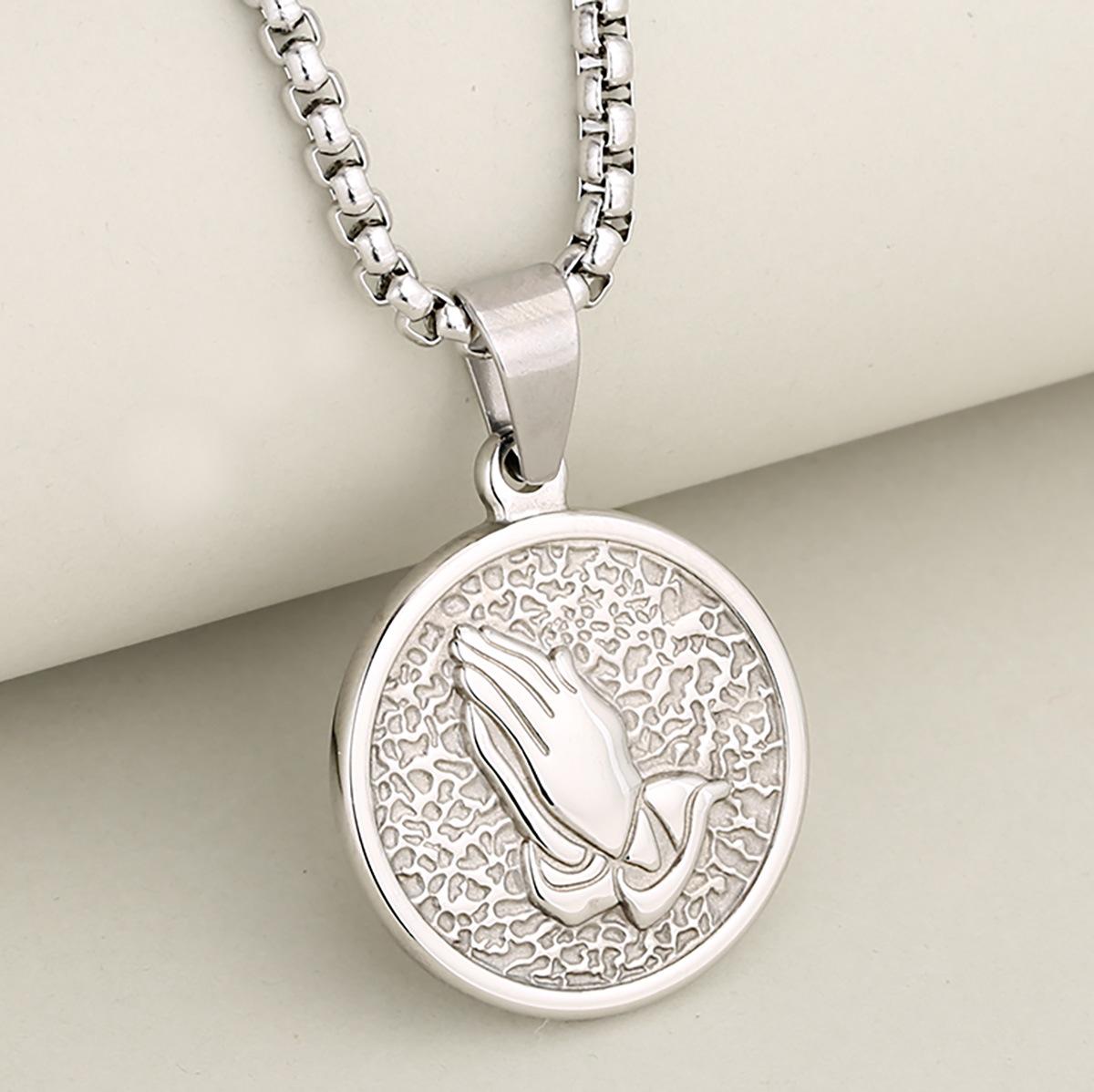 Cross-Border European and American Retro Fashion Prayer Hand Stainless Steel Gold round Coin Personality Exquisite Pendant