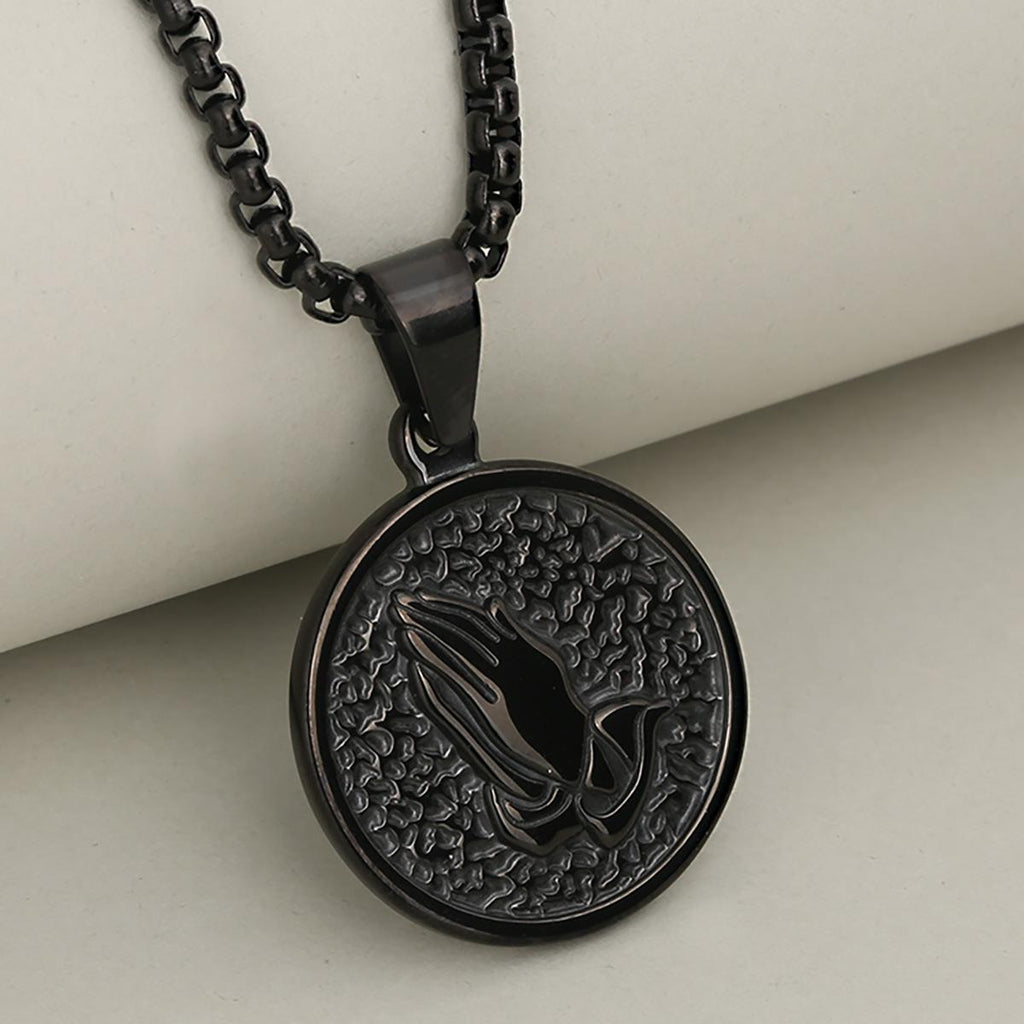 Cross-Border European and American Retro Fashion Prayer Hand Stainless Steel Gold round Coin Personality Exquisite Pendant