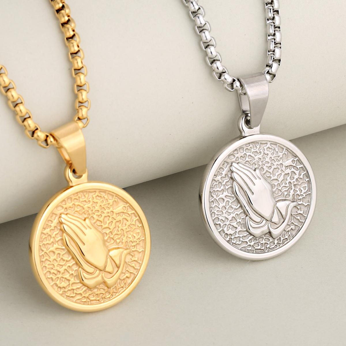 Cross-Border European and American Retro Fashion Prayer Hand Stainless Steel Gold round Coin Personality Exquisite Pendant