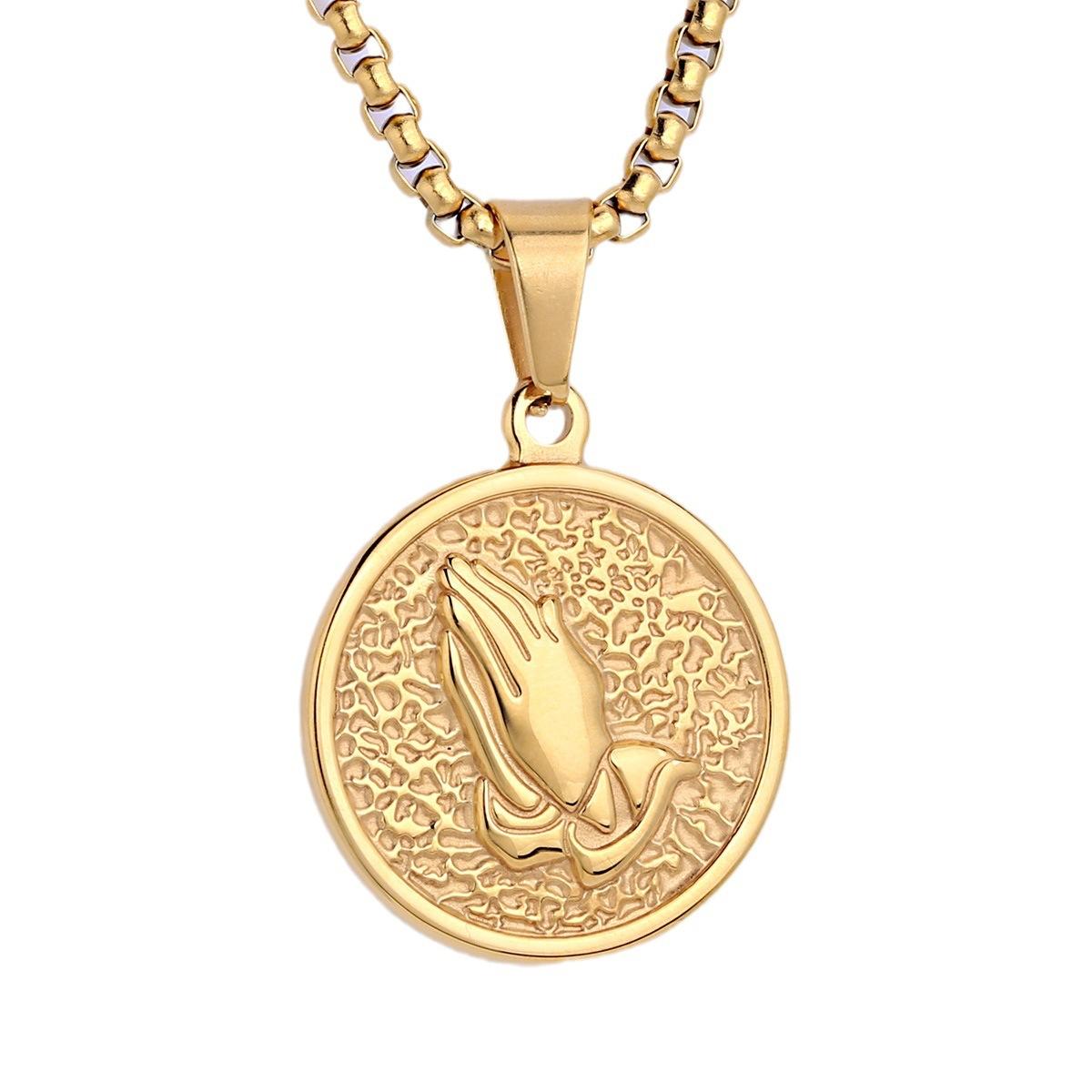 Cross-Border European and American Retro Fashion Prayer Hand Stainless Steel Gold round Coin Personality Exquisite Pendant
