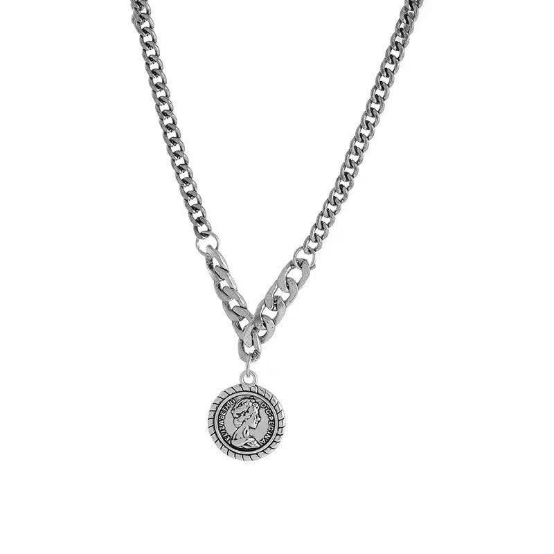 Sweater Necklace for Women Ins Light Luxury Niche Trendy Cool Hot Girl Portrait Coin Distressed Pendant Simple All-Match Sweater Chain