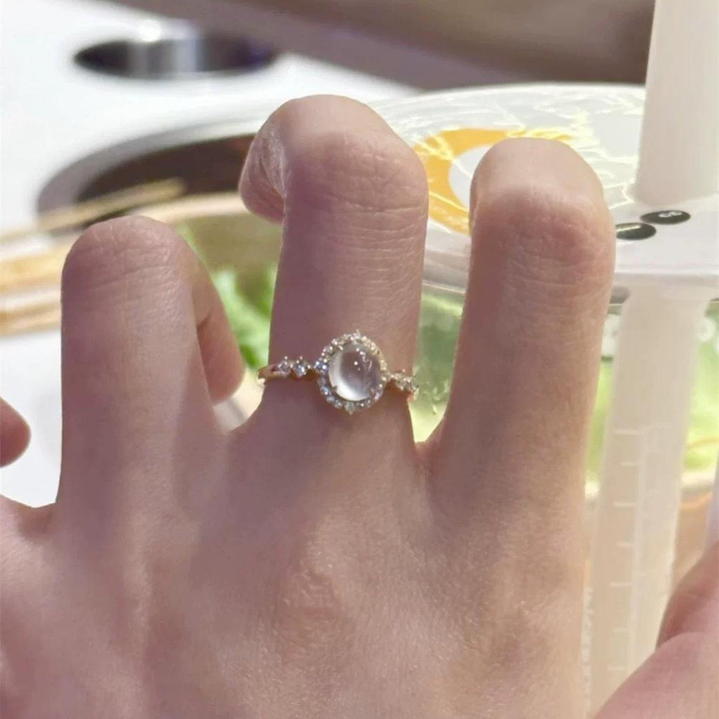 White Ice Imitation Chalcedony Egg Surface Ring Female Open Gentle Light Luxury Temperament Ring Niche High Sense Trendy Index Finger Ring