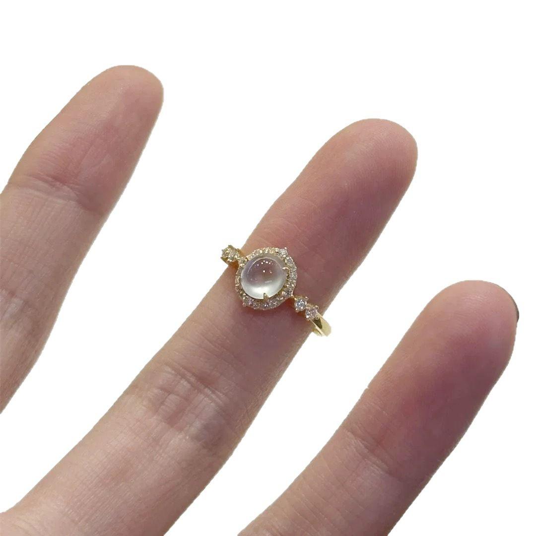 White Ice Imitation Chalcedony Egg Surface Ring Female Open Gentle Light Luxury Temperament Ring Niche High Sense Trendy Index Finger Ring
