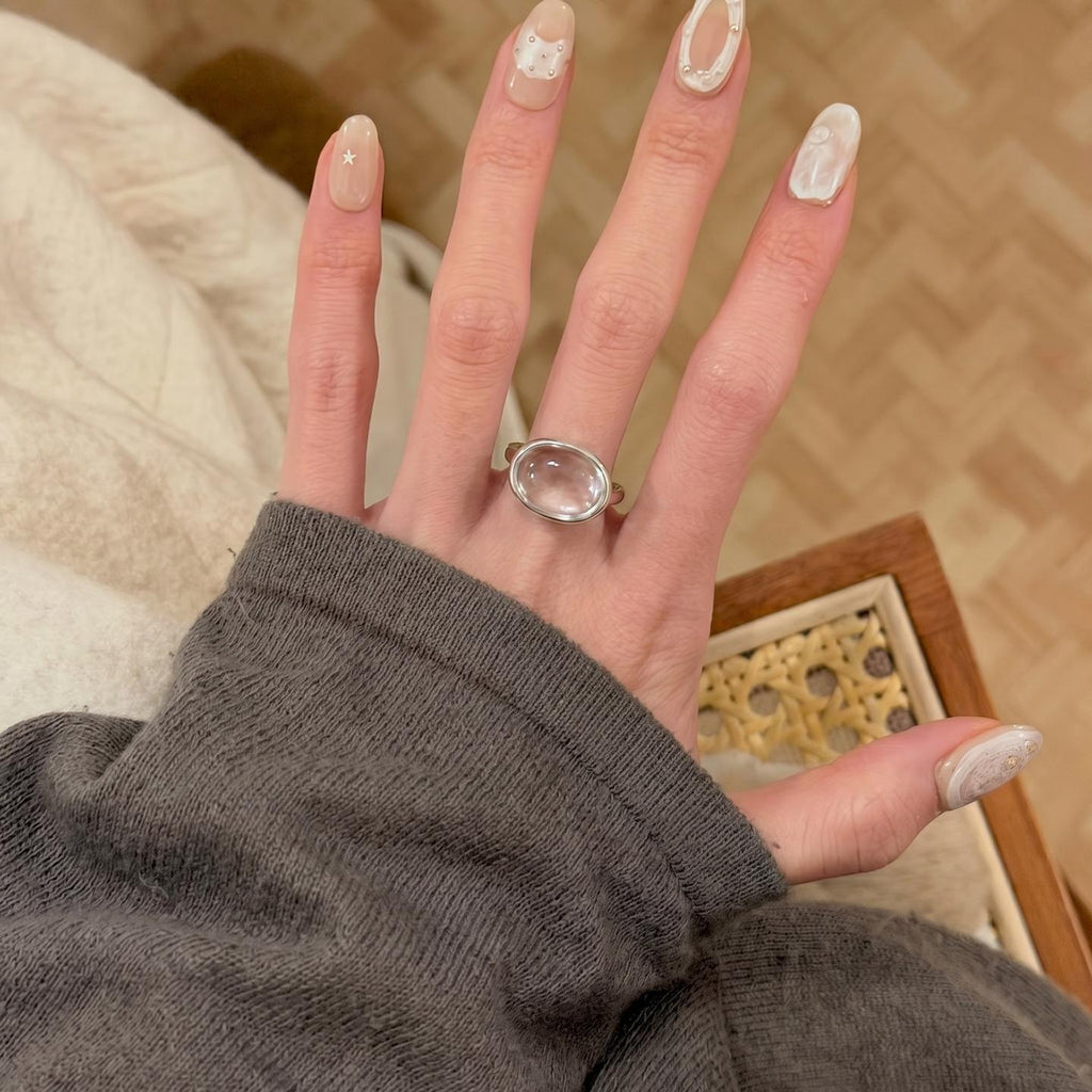 Niche Cold Style Oval White Crystal Ring for Women New Geometric Style Clear Stone Open Adjustable Ring for Women