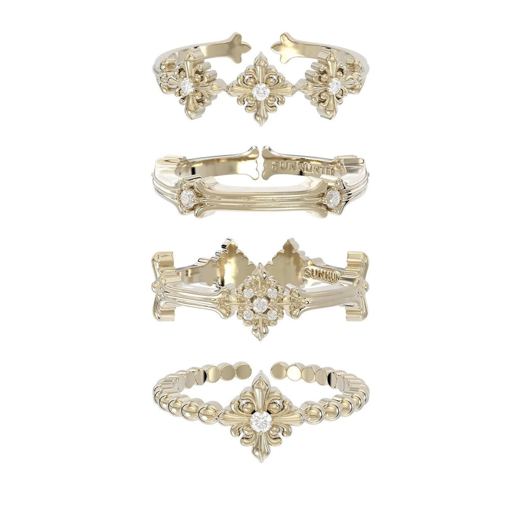 Three Horizontal Jewelry Same Style Titanium Gold Complex Iris Flower Ring Combination Design Sense Light Luxury Jewelry French Retro Women