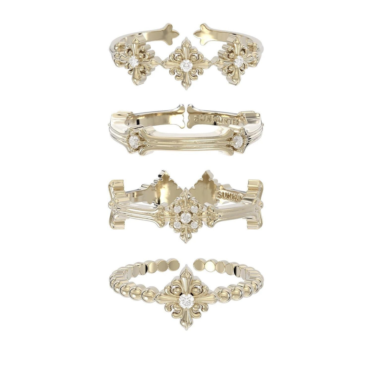 Three Horizontal Jewelry Same Style Titanium Gold Complex Iris Flower Ring Combination Design Sense Light Luxury Jewelry French Retro Women