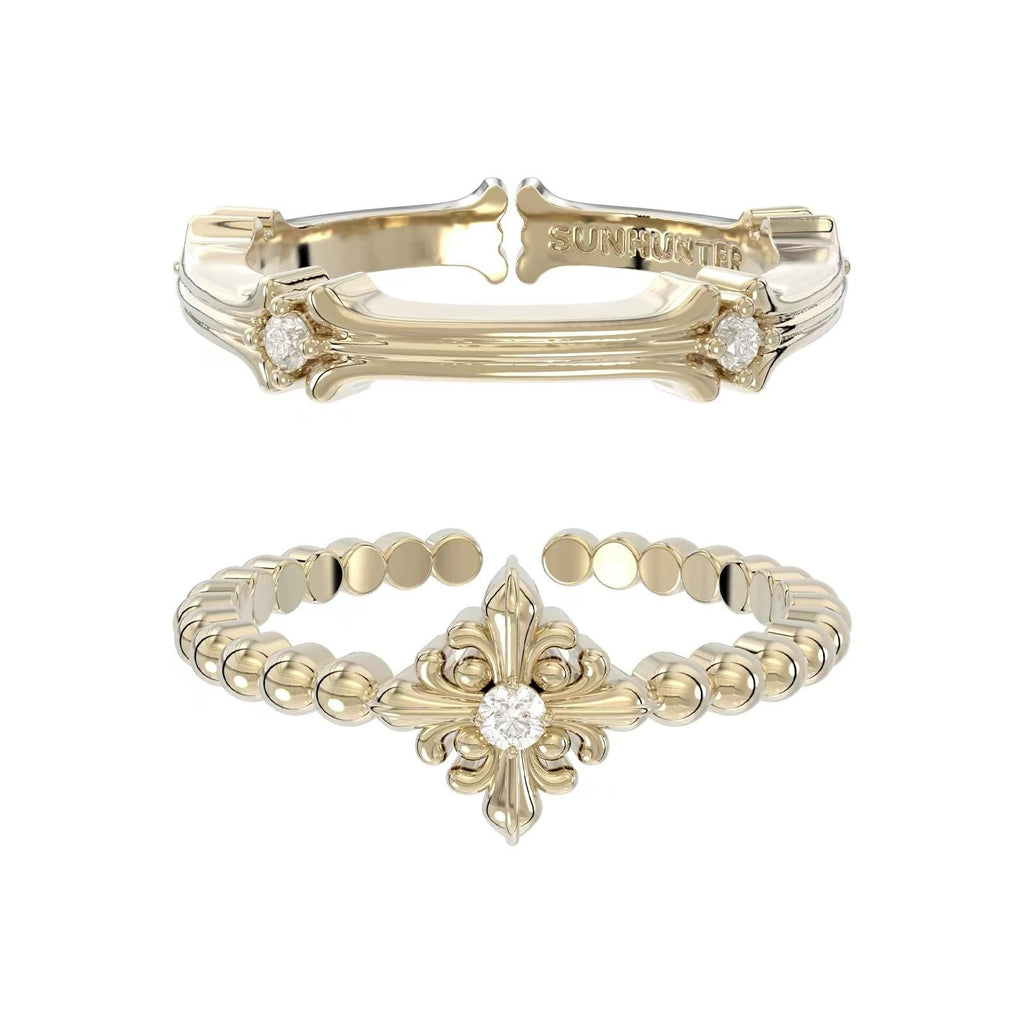 Three Horizontal Jewelry Same Style Titanium Gold Complex Iris Flower Ring Combination Design Sense Light Luxury Jewelry French Retro Women