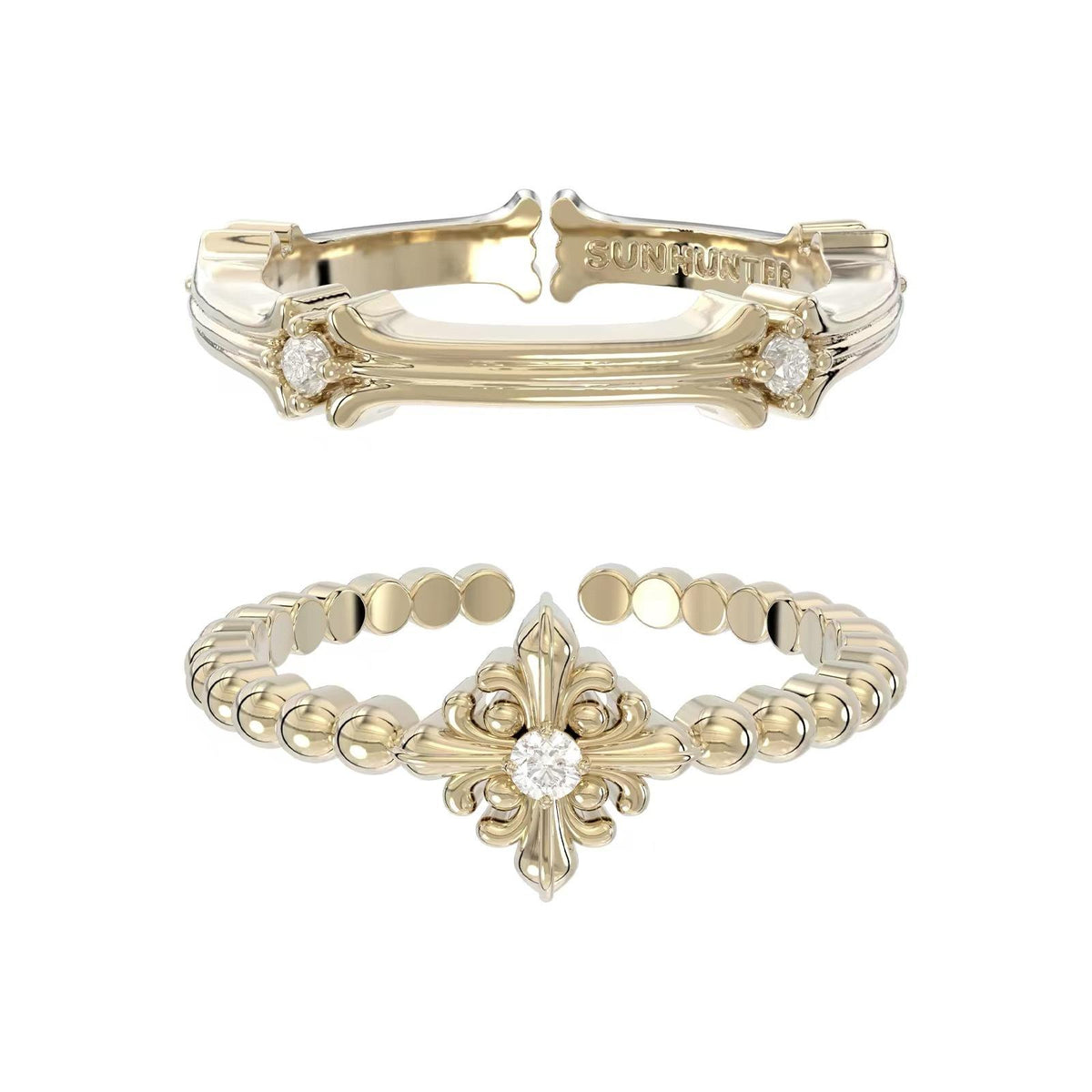 Three Horizontal Jewelry Same Style Titanium Gold Complex Iris Flower Ring Combination Design Sense Light Luxury Jewelry French Retro Women