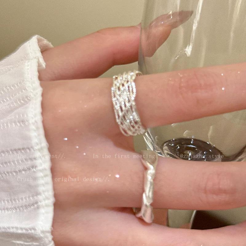 Silver Lace Ring Female Niche Design Light Luxury High-Grade Exquisite Index Finger Ring Stacked Thick Fat Hand Large Ring