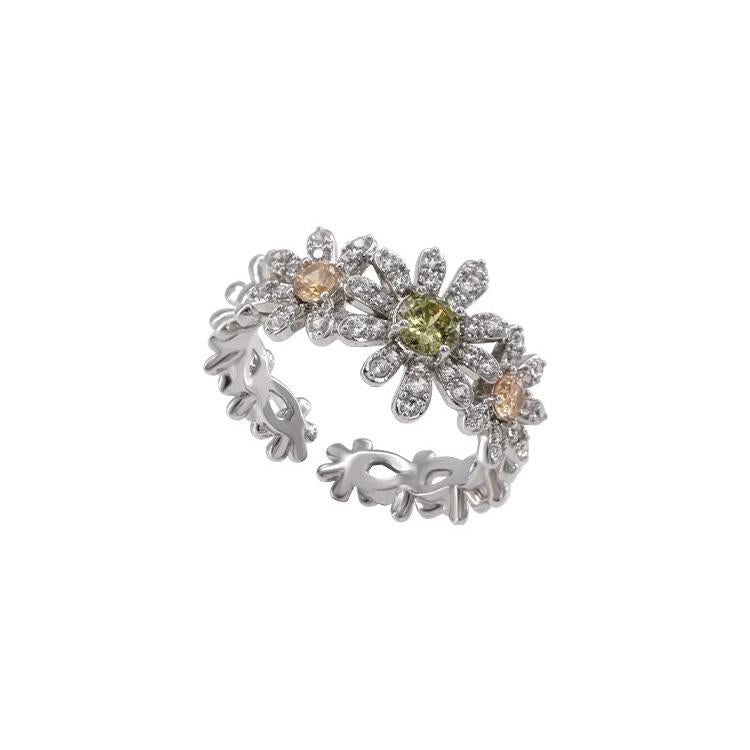 Summer Flowers Elegant Exquisite Full Diamond Craft High-Grade Flashing Zircon Flower All-Match Fresh Ring for Women