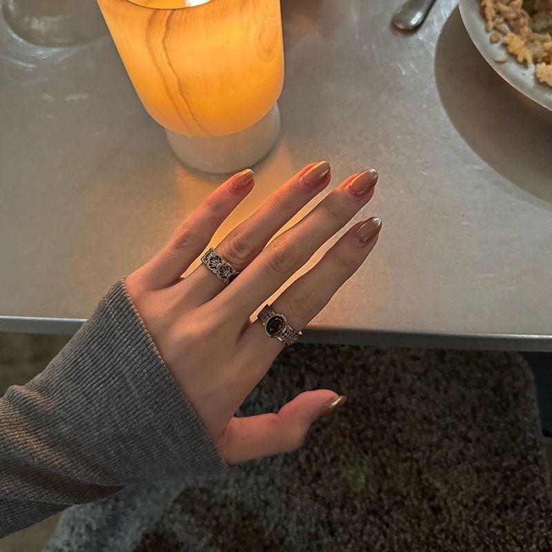 Antique Style Old Hollow Carved Tiger Eye Stone Ring Women's Light Luxury Retro High-Grade Maillard Index Finger Ring