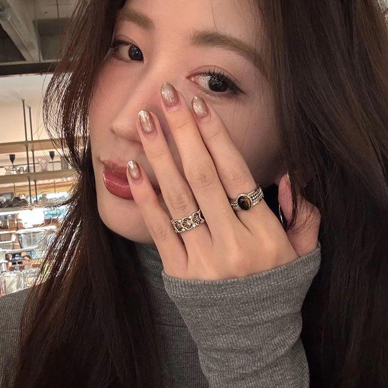 Antique Style Old Hollow Carved Tiger Eye Stone Ring Women's Light Luxury Retro High-Grade Maillard Index Finger Ring