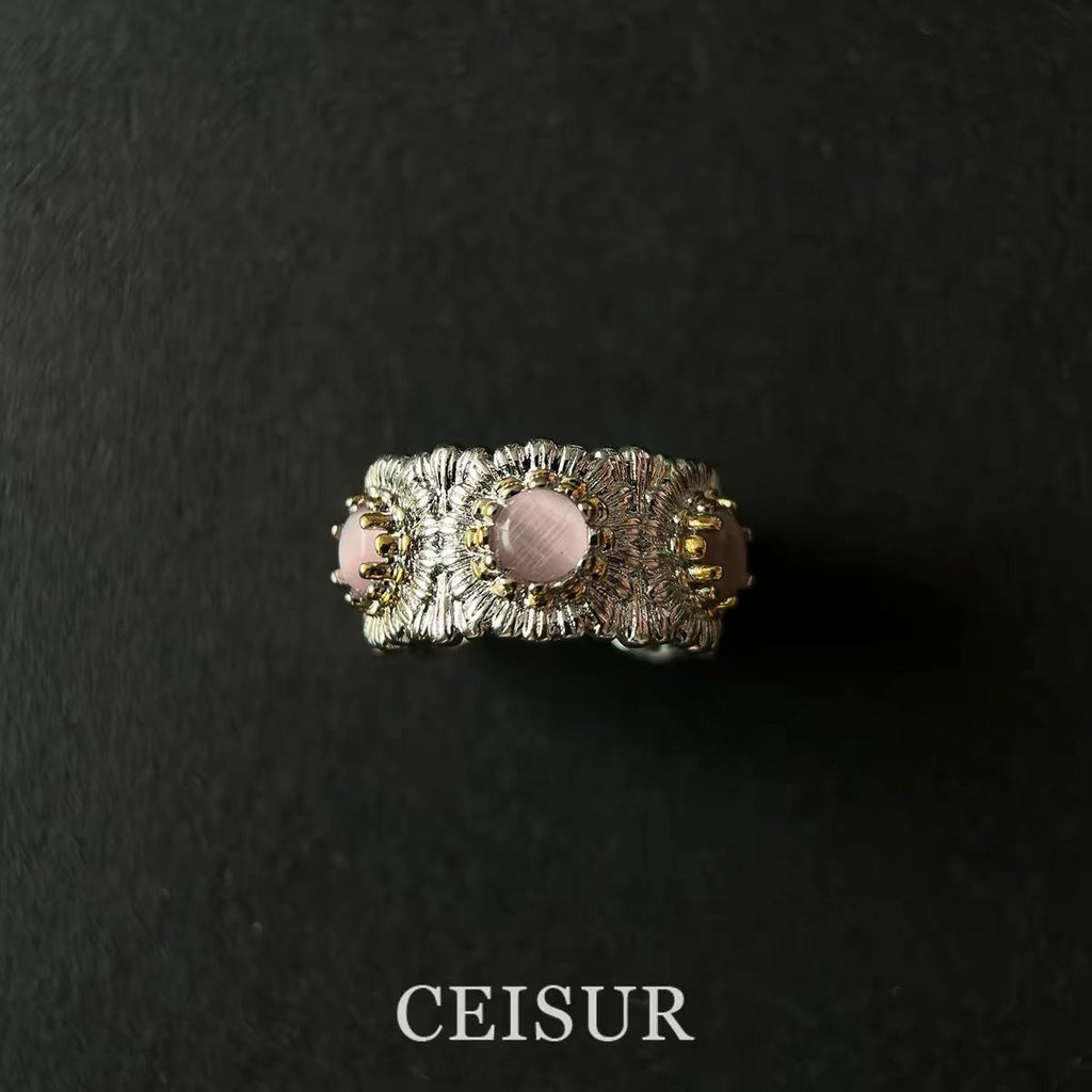 Italian Designer Heavy Industry Light Luxury Colorful Treasure Daisy Ring Retro Design Brushed Flower Ring for Women