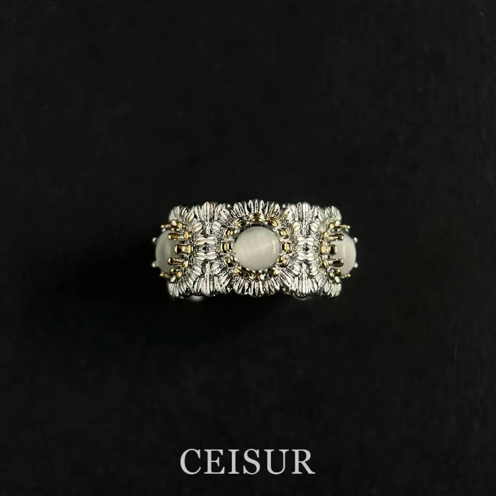 Italian Designer Heavy Industry Light Luxury Colorful Treasure Daisy Ring Retro Design Brushed Flower Ring for Women