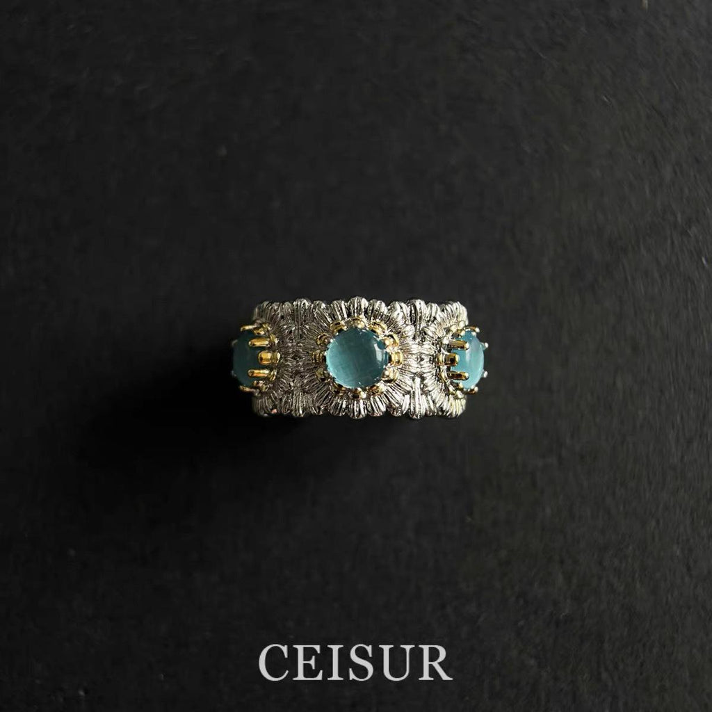 Italian Designer Heavy Industry Light Luxury Colorful Treasure Daisy Ring Retro Design Brushed Flower Ring for Women