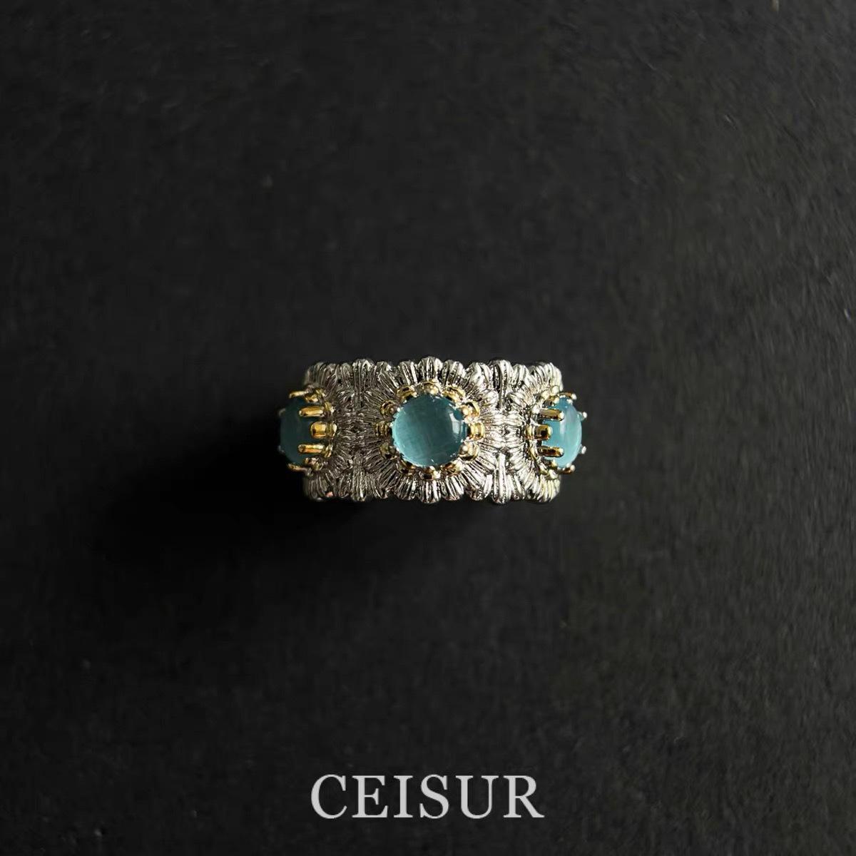 Italian Designer Heavy Industry Light Luxury Colorful Treasure Daisy Ring Retro Design Brushed Flower Ring for Women
