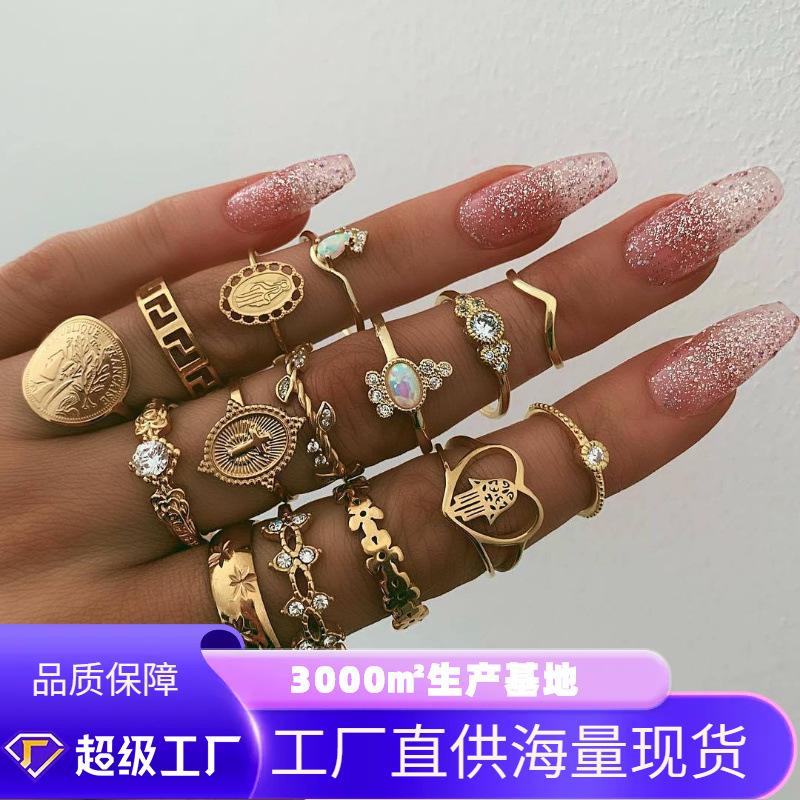 Cross-Border Retro Beauty Head Gold Coin Cross Pattern Love Fatima Palm Ring 15-Piece Ring Set