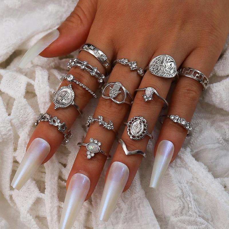 Cross-Border Retro Beauty Head Gold Coin Cross Pattern Love Fatima Palm Ring 15-Piece Ring Set