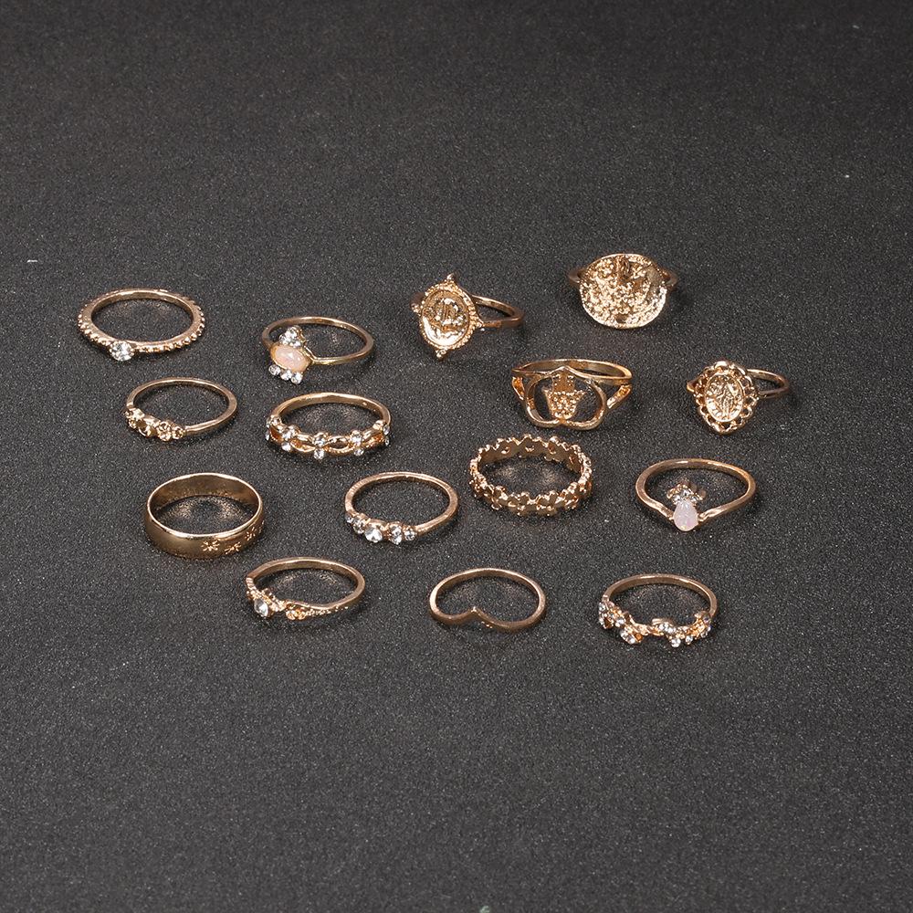 Cross-Border Retro Beauty Head Gold Coin Cross Pattern Love Fatima Palm Ring 15-Piece Ring Set