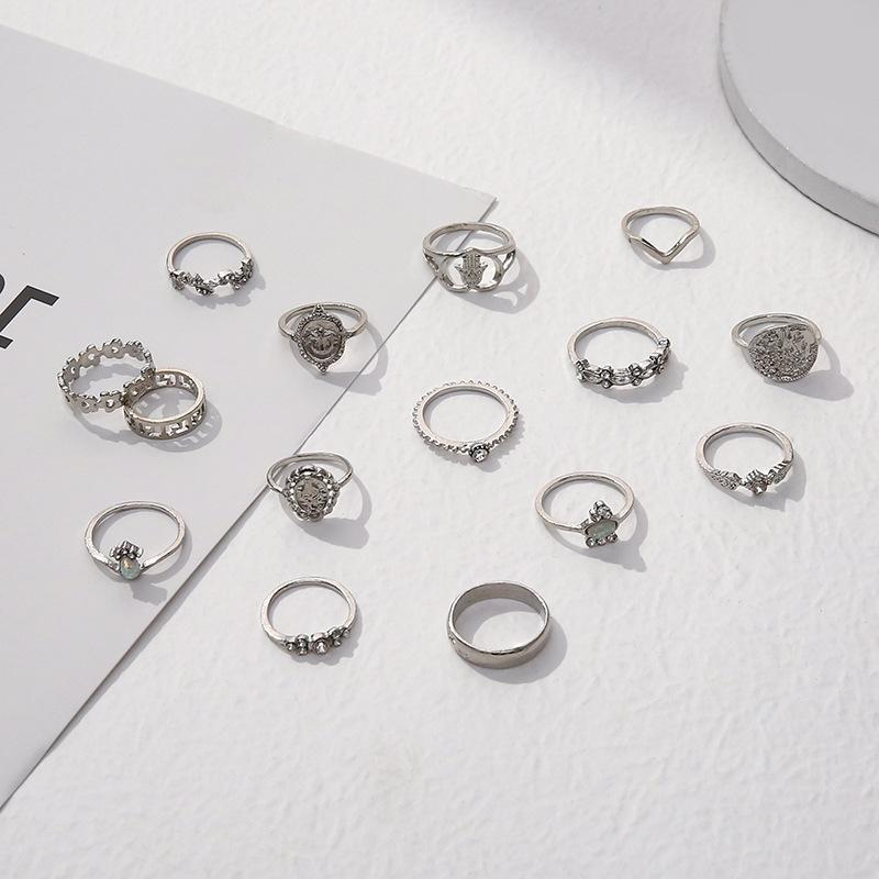 Cross-Border Retro Beauty Head Gold Coin Cross Pattern Love Fatima Palm Ring 15-Piece Ring Set