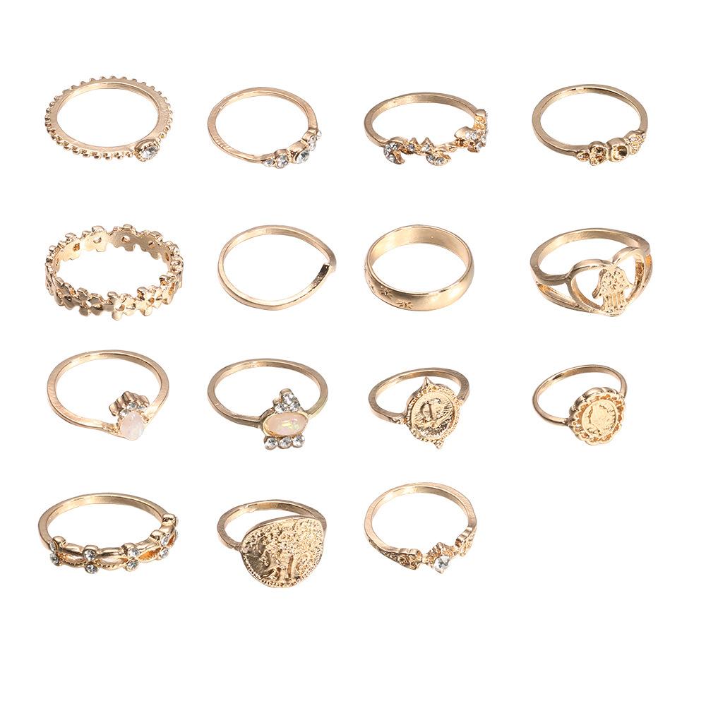 Cross-Border Retro Beauty Head Gold Coin Cross Pattern Love Fatima Palm Ring 15-Piece Ring Set
