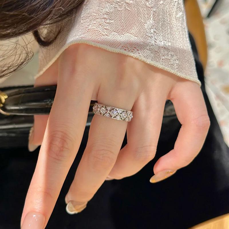 Italian ~ Ancient Style Lace Rhombus Ring Female Plated 18K Niche Exquisite Hollow Index Finger Ring Full Diamond Ring